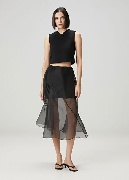 Siyah Tül Garnili Midi Etek