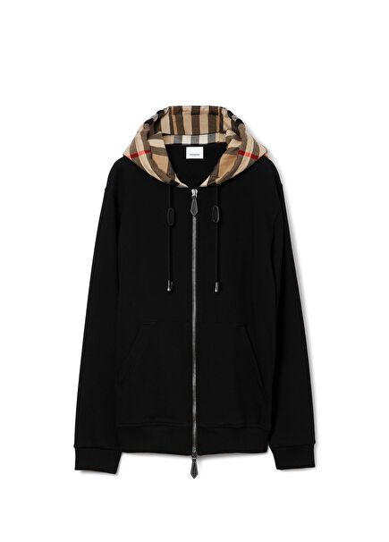 Check Hood Black Cotton Zip Men's Sweatshirt