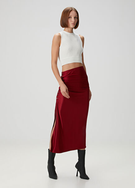 Red Draped Midi Jersey Skirt