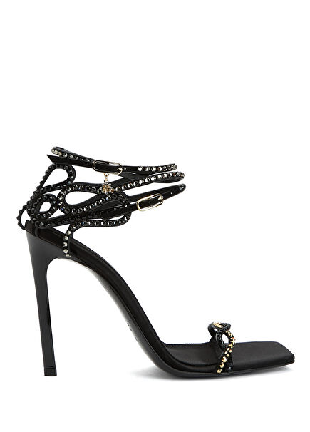 Black Crystal Stones Women's Leather Sandals