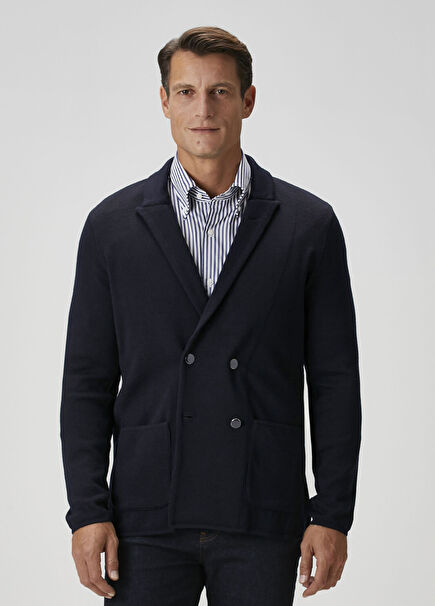 Koyu Lacivert Yün Kruvaze Triko Ceket