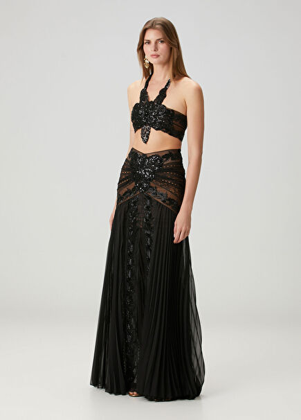 Black Beaded Maxi Evening Skirt