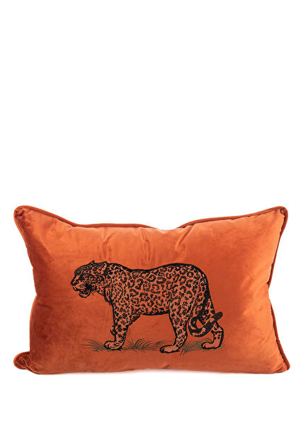 Orange Velvet Cushion with Leopard Embroidery 40x60 cm