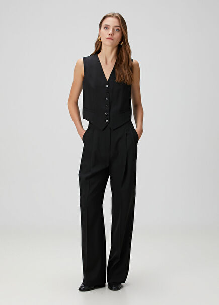 Siyah Yün Karışımlı Pantolon