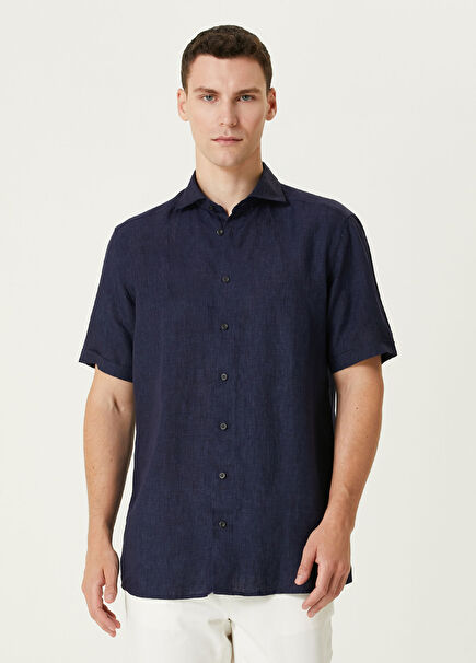 Lacivert Kısa Kollu Keten Gömlek