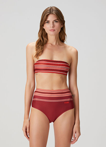 Bordo Çizgili Straplez Bikini Üstü
