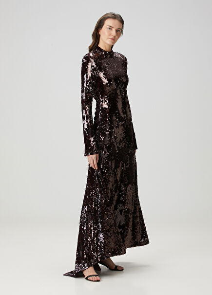 Burgundy Sequin Embroidered Maxi Evening Dress