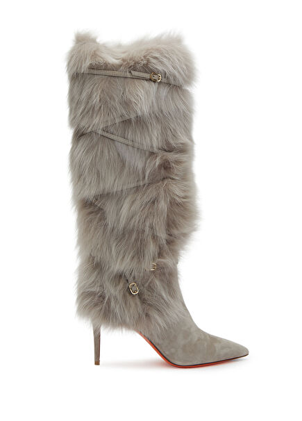 Bej Shearling Dokulu Kadın Süet Çizme
