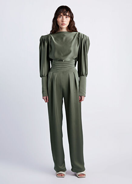 Mbç Khaki Satin Padded Long Sleeve Women's Blouse