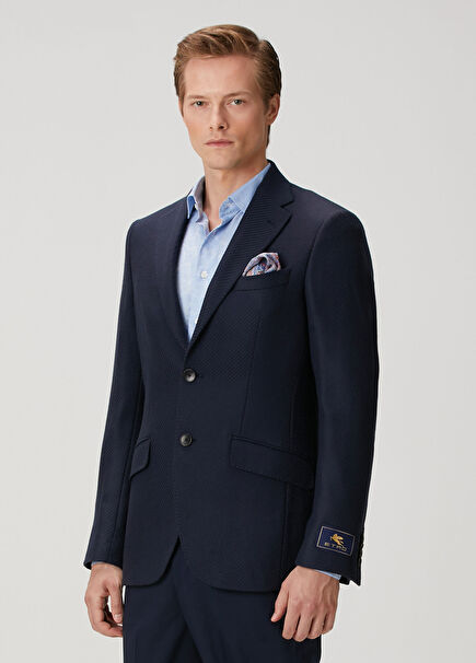 Lacivert Çizgi Dokulu Yün Ceket