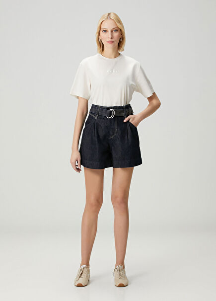 Koyu Mavi Beli Kemerli Denim Şort