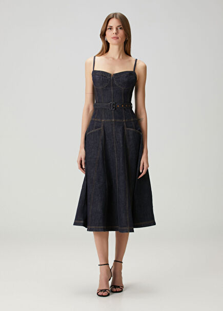 Koyu Mavi Midi Denim Elbise