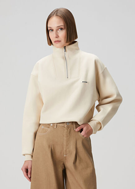Açık Bej Fermuarlı Sweatshirt