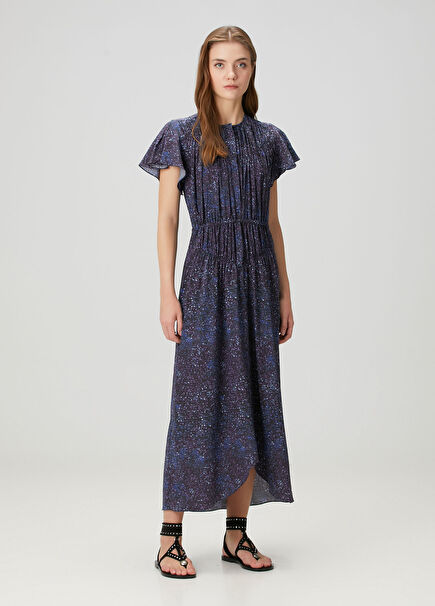 Mavi Desenli Midi İpek Elbise