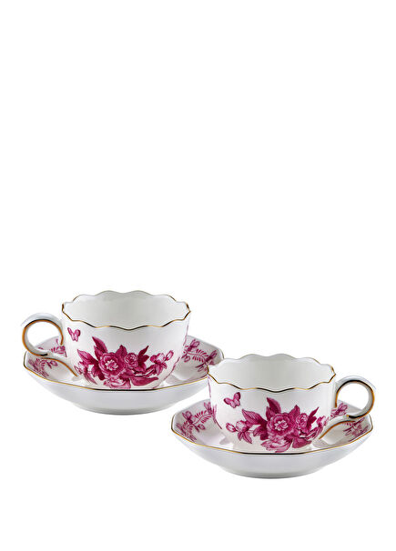 Primavera Pink Patterned Porcelain Set of 2 Coffee Cups and Saucers