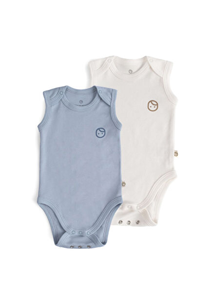 Ekru Mavi Organik Pamuk 2'li Ayarlanabilir Çıtçıtlı Atlet