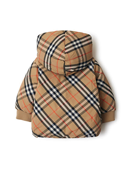 Bej Çift Taraflı Kareli Şişme Unisex Çocuk Mont