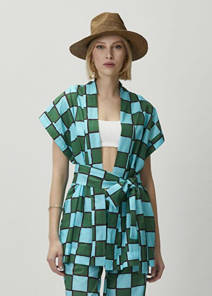 Dafne Turkuaz Kimono Desenli Kimono Yelek