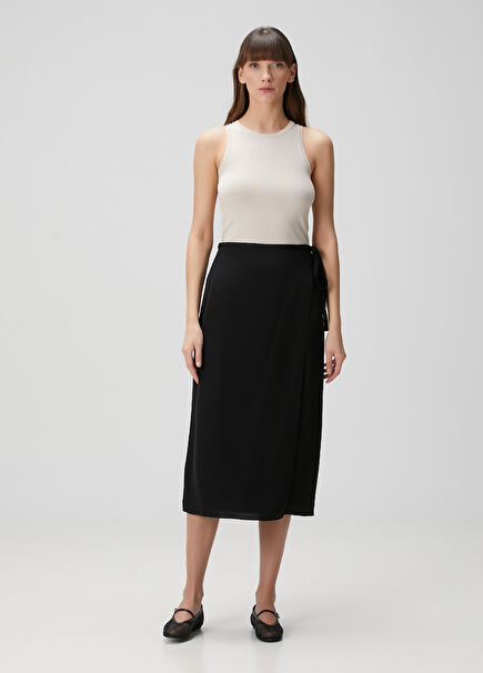 Black Midi Wrap Silk Skirt