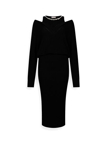 Black Collar Stone Long Sleeve Women's Knitwear Dress