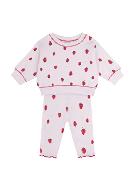 Çilek Desenli Pembe Sweatshirt Pantolon Kız Bebek 2'li Set