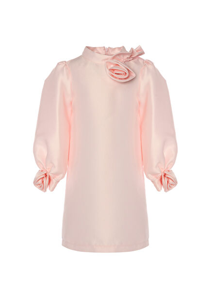Pembe 3D Aplikeli Mat Saten Kız Çocuk Elbise