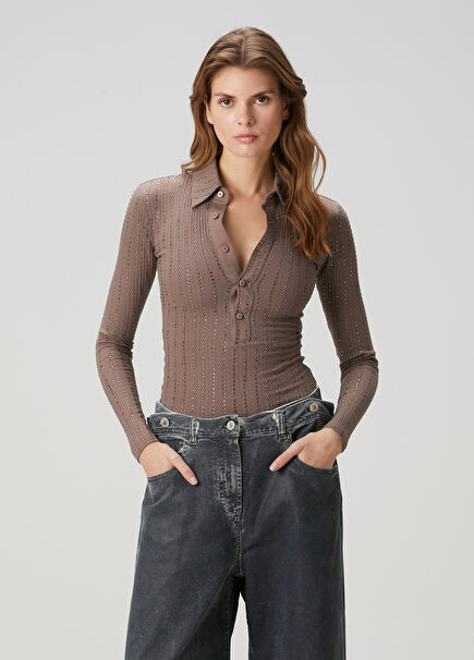 Taupe Embellished Polo Sweater