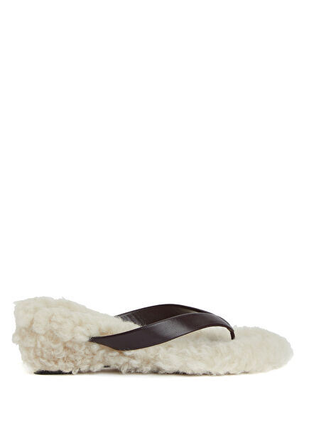 Kahverengi Beyaz Kadın Deri Shearling Terlik