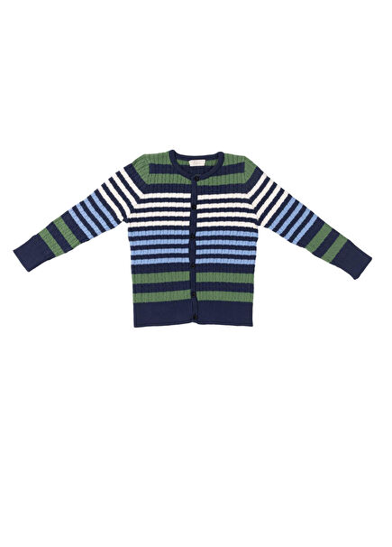 Wooly Braided Navy Blue Striped Knitwear Unisex Kids Cardigan