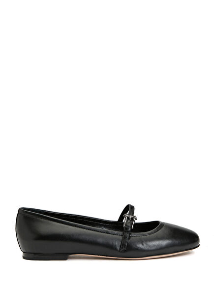 Black Buckle Detailed Women's Leather Ballet Flats