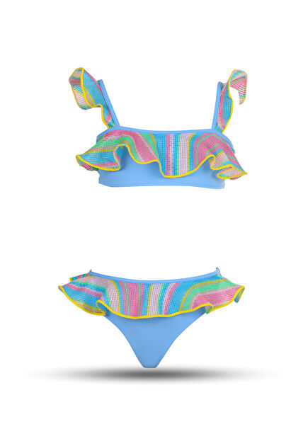 Bandeau Ruffled Girls' Bikini Set with Colorful Striped Straps