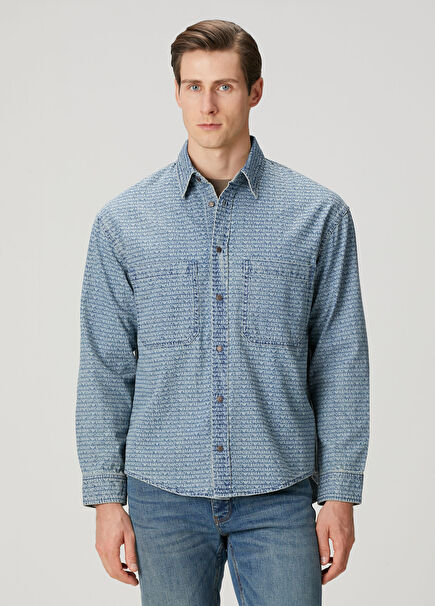 Blue Logo Patterned Denim Shirt