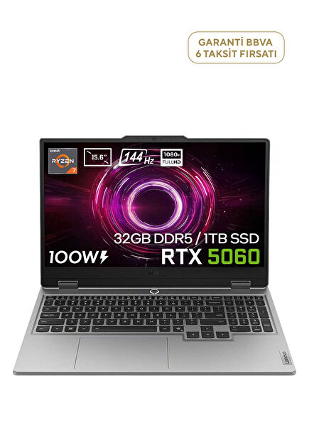LOQ 15AHP10 AMD Ryzen 7 250 32GB DDR5 1TB SSD RTX 5060 8GB 15.6" Full HD 144Hz IPS FreeDos Gaming Laptop 83JG008UTRv2