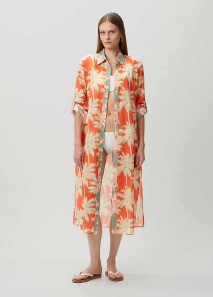 Orange Palm Printed Midi Shirt Dress