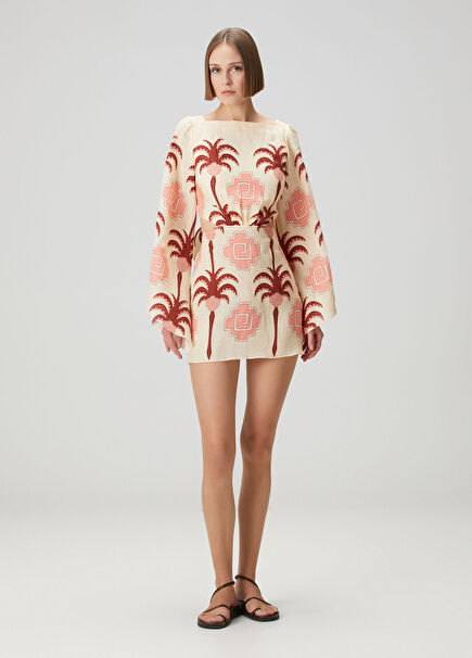 Wave After Wave Pink Ecru Mini Linen Dress