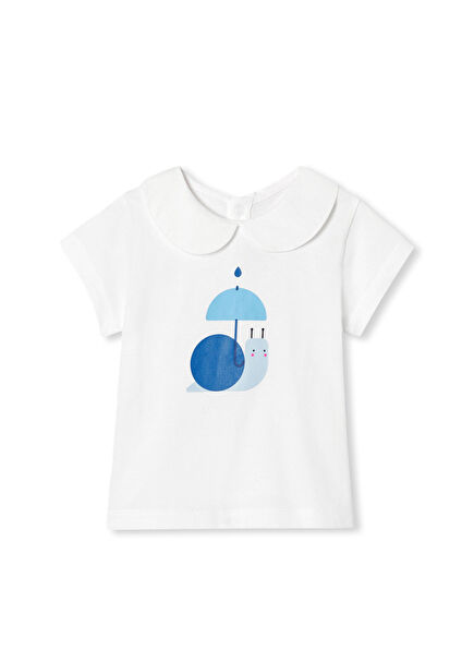 White Peter Pan Collar Printed Baby Girl T-Shirt