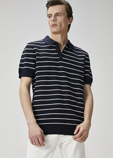 Lacivert Polo Yaka Colorblocked Triko Gömlek