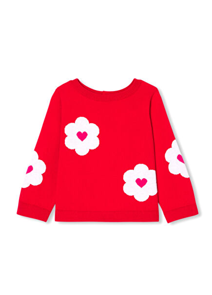 Kırmızı Çiçek Jakarlı Yumuşak Örgü Kız Bebek Kazak