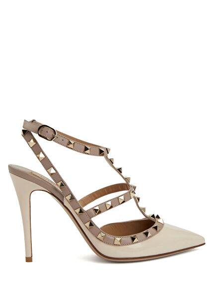 Rockstud Pudra Beyaz Deri Topuklu Ayakkabı
