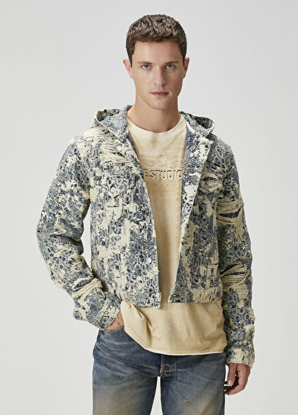 Mavi Desenli Kapüşonlu Organik Pamuk Dış Gömlek