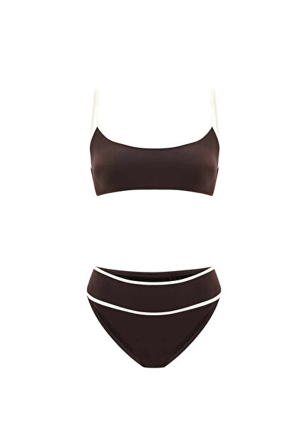 Caspia Brunette High Waist Tank Top Women's Bikini Set with Ribbon Welt