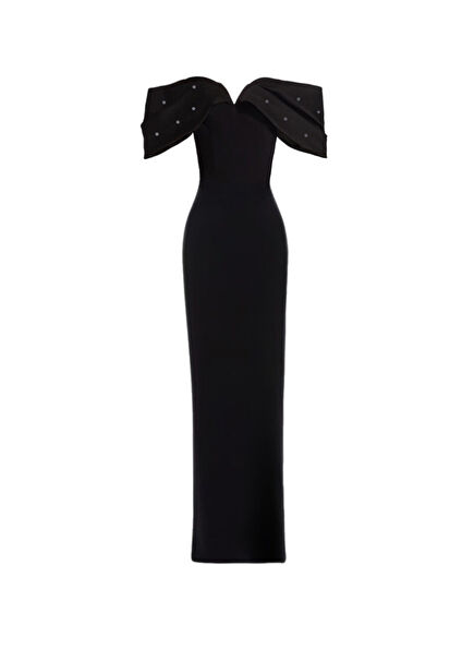 Siyah Krep Kalp Yaka Uzun Kadın Elbise