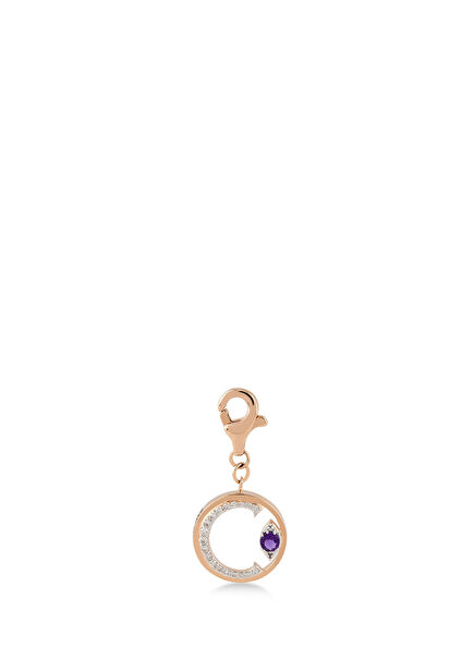Mini “C” Harfli Charm Pırlanta Mor Ametist Taşlı 14 Ayar Pembe Altın