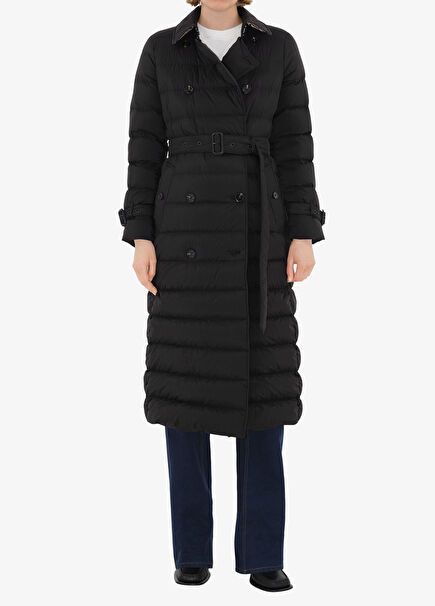 Long Nylon Puffer Siyah Kadın Mont