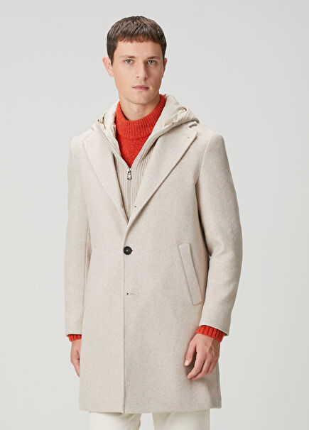 Dark Beige Inner Collar Detail Wool Coat