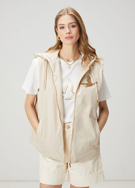 Beige Hooded Embellished Vest