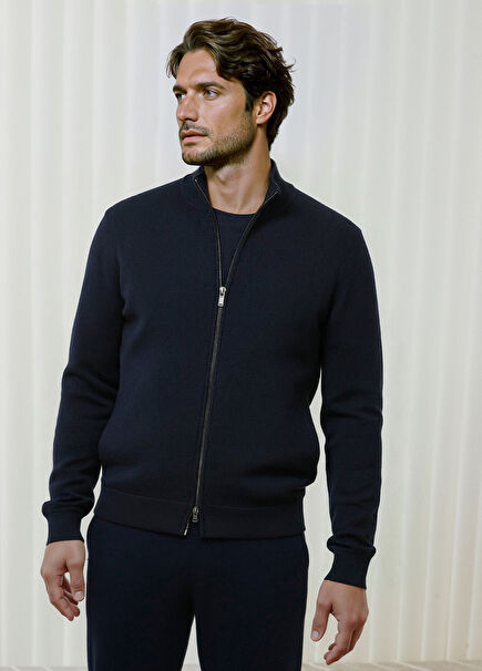 Navy Blue Wool Knit Cardigan