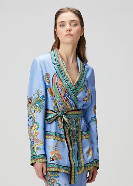 Mavi Şal Desenli İpek Kimono