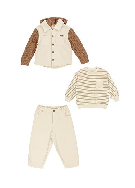 Ekru Gabardin Ceket Pantolon ve Sweatshirt Erkek Çocuk 3'lü Set