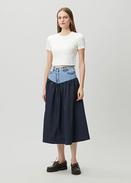 Sannia Lacivert Midi Denim Etek